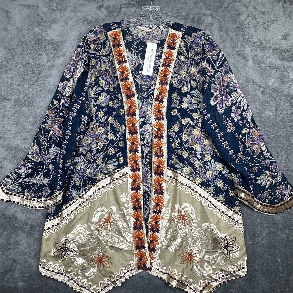 Soft Surroundings Moonlight Garden Topper Kimono 2X /22W Navy Embroidered NWT